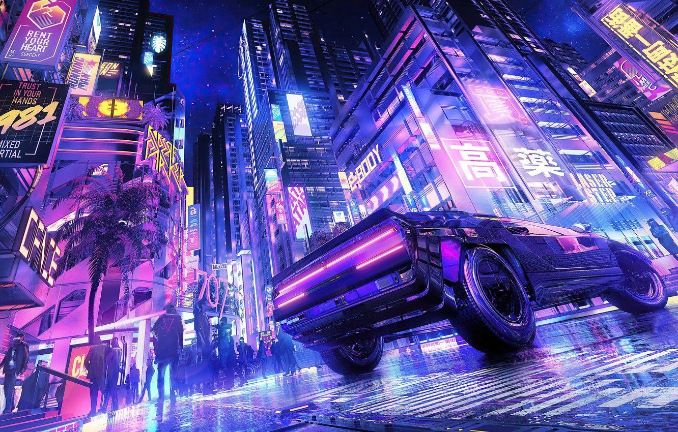 1332x850 Wallpaper car, supercar, japan, anime, art, street, cyberpunk, kanji, japanse image for desktop, section арт