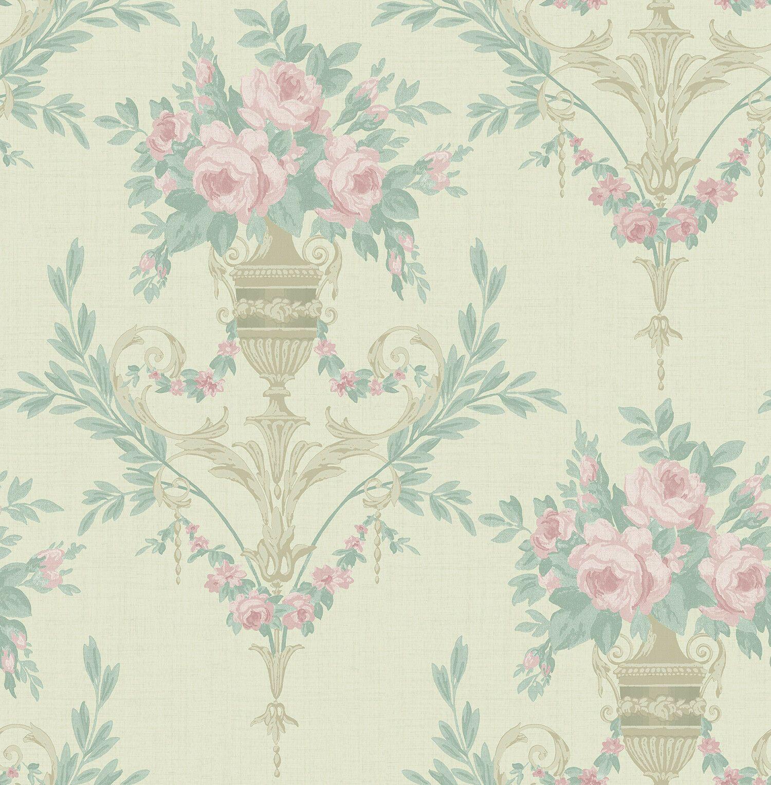 1500x1527 Floral Wallpaper Pink Cream Peach Green Victorian Style Vintage LOOK Chinoiserie online