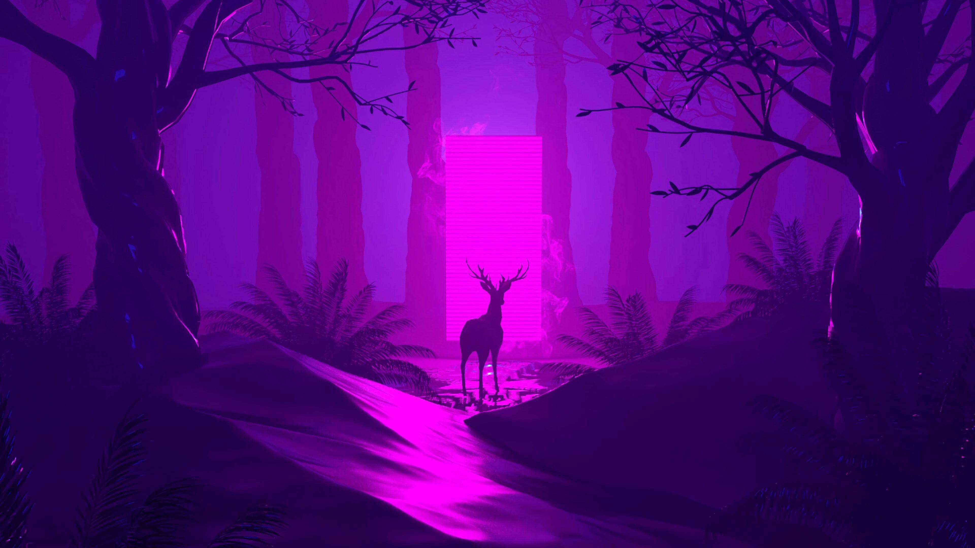 3840x2160 Wallpaper Deer, Silhouette, Dark, Forest, Portal And Purple Forest 2560
