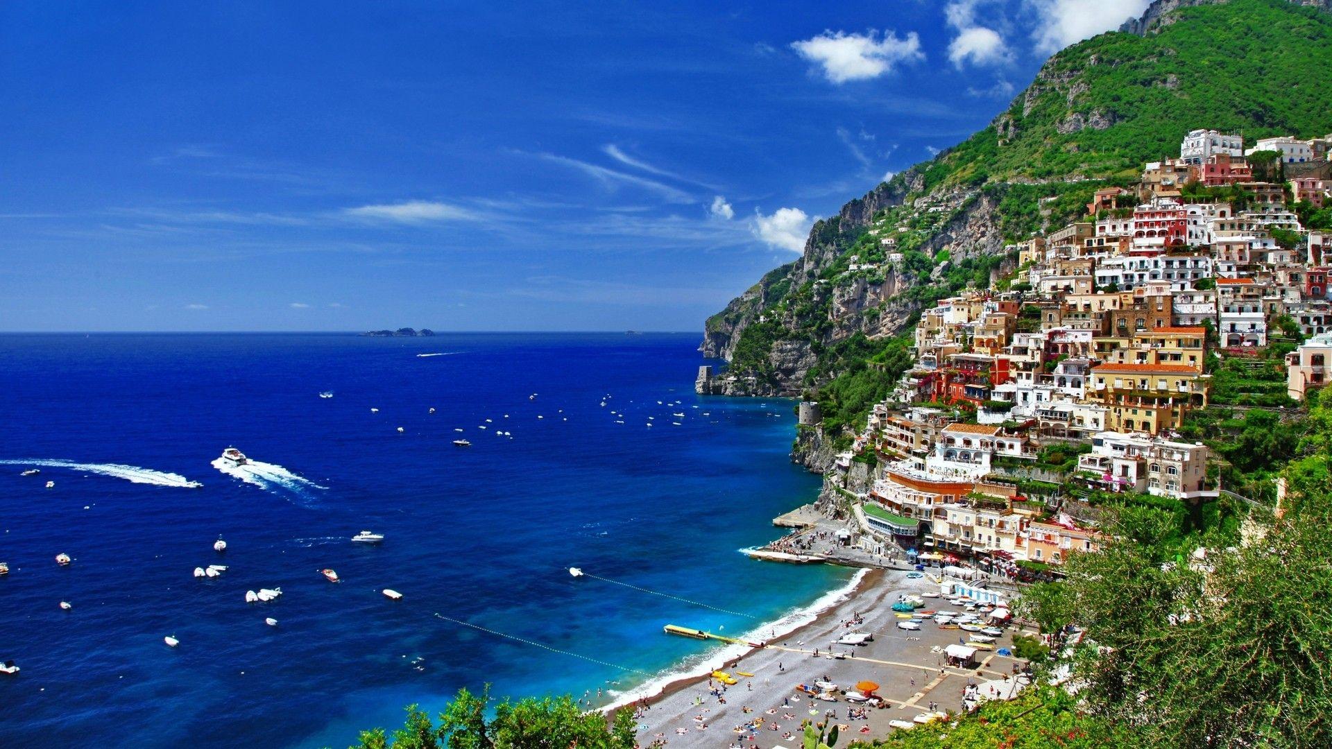 1920x1080 Beaches: Mountainous Coast Italy Costa Montaosa Italia Houses Boats