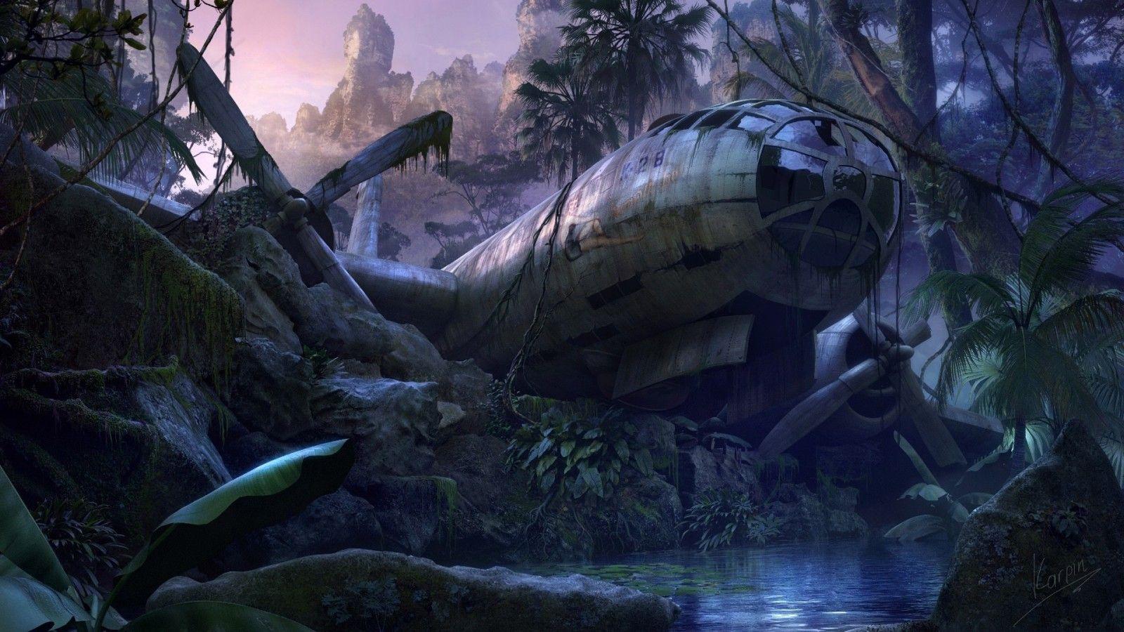 1600x900 forest, apocalyptic, artwork, jungle, crash, destruction, planes, ruins, darkness, screenshot, habitat, computer wallpaper, pc game