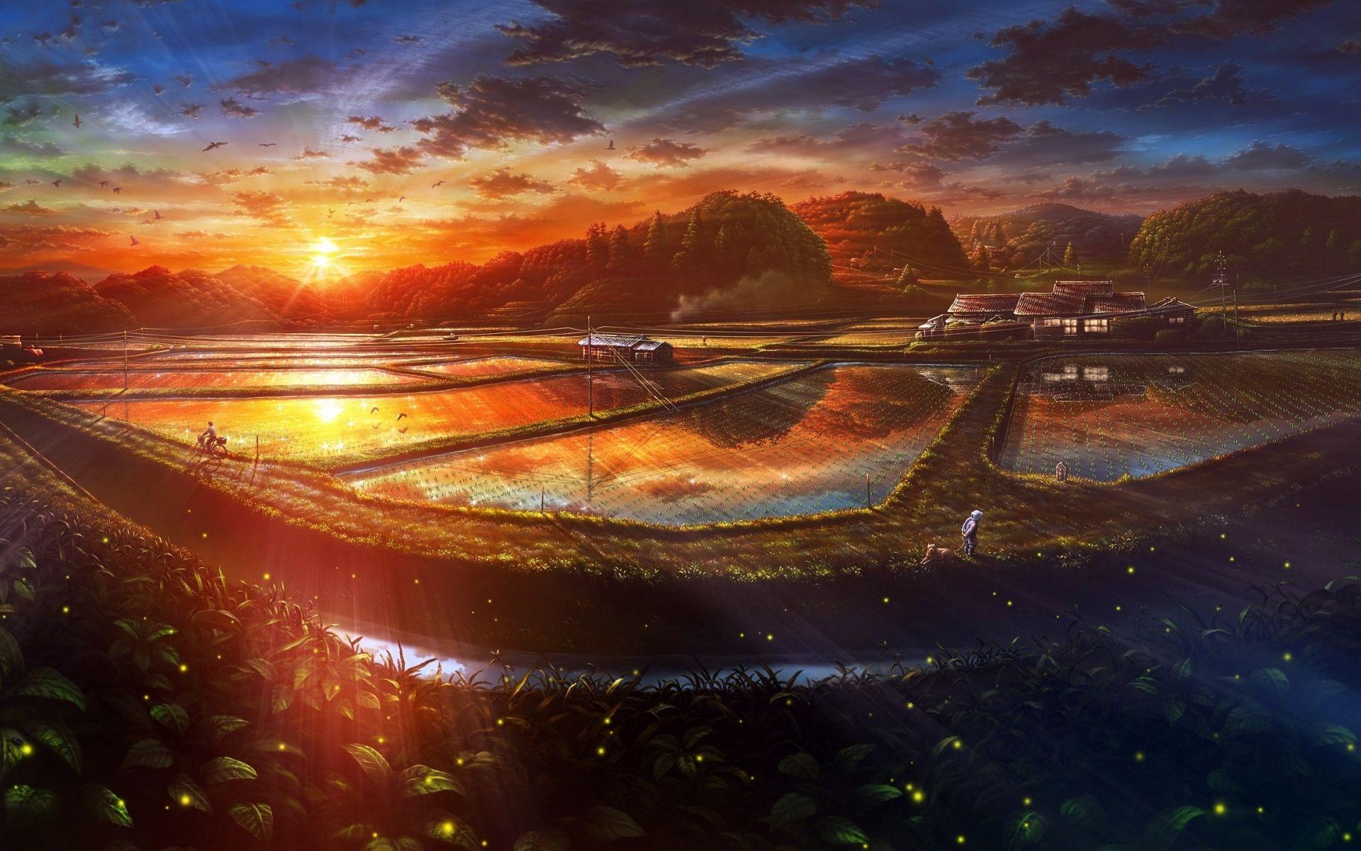 1920x1200 Sunset Anime Scenery Drawn wallpaper. Sunset Anime Scenery Drawn