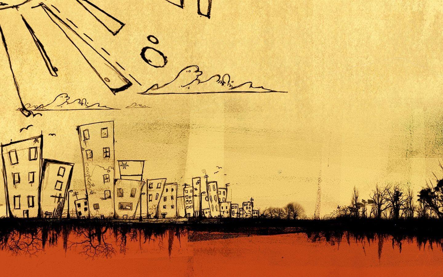 1440x900 cityscapes, comics, orange, retro, drawings, drawn wallpaper