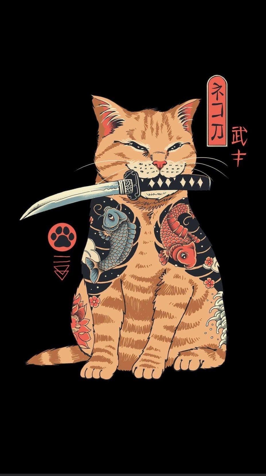 928x1658 Japanese Sword Cat Phone Wallpaper HD For Tech
