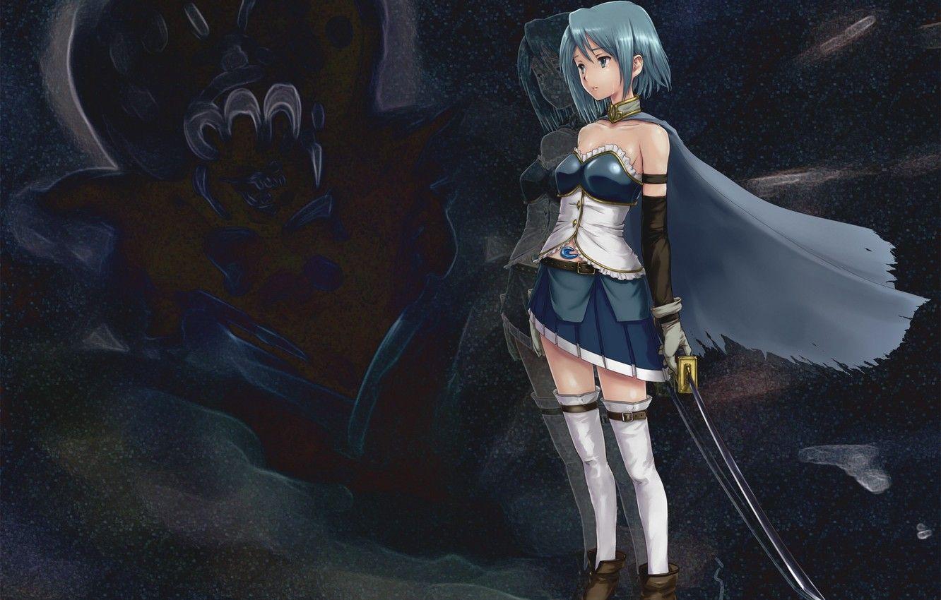 1332x850 Wallpaper sadness, girl, reflection, weapons, sword, tears, longing, art, mahou shoujo madoka magica, sayaka miki image for desktop, section сёдзё