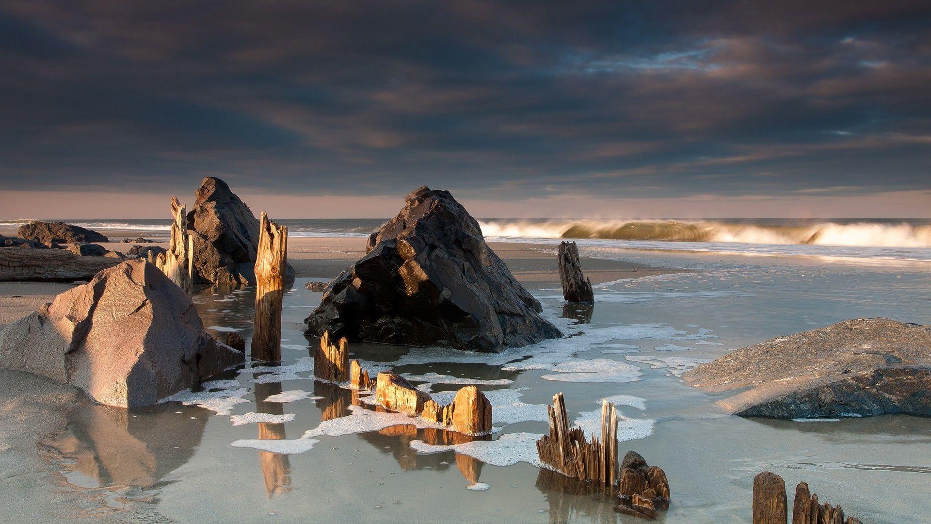 1920x1080 nature, Beach, Waves, Sea, Rock, Wood, Clouds, Landscape Wallpaper HD / Desktop and Mobile Background