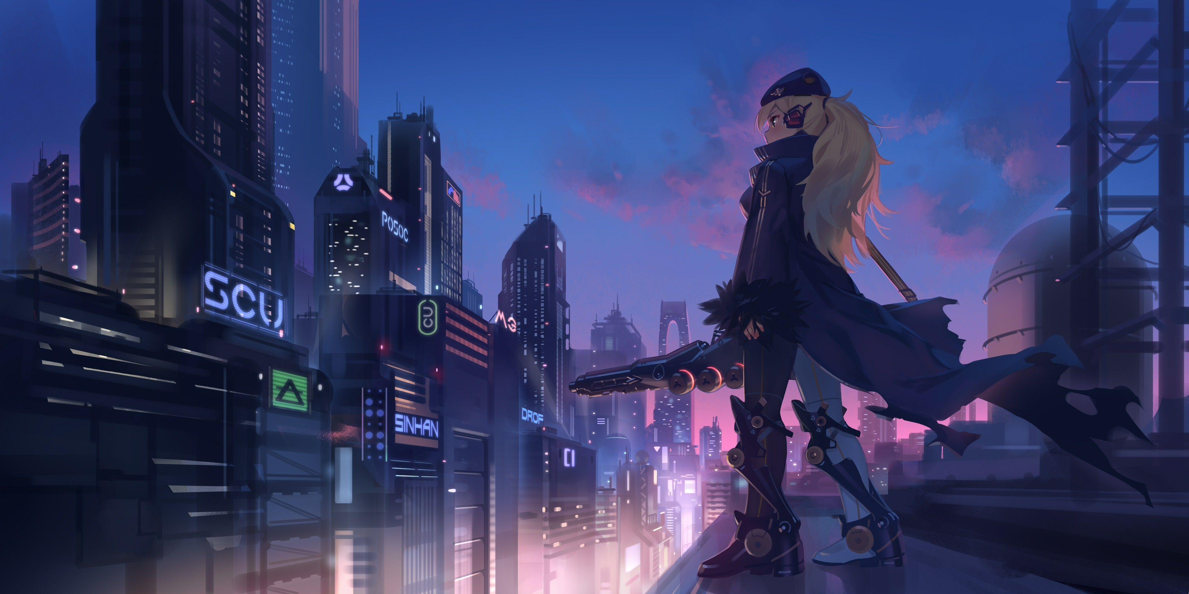 3840x1920 Download 3840x1920 Futuristic Anime City, Cyberpunk, Anime Girl, Skyscrapers Wallpaper