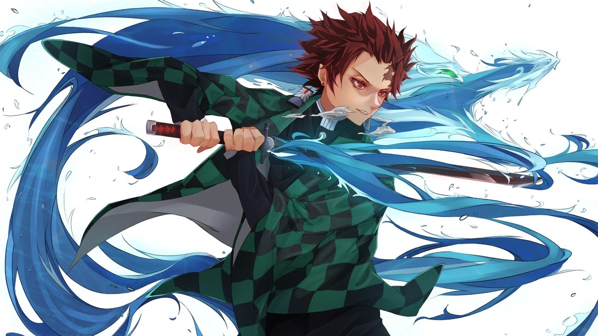 1920x1080 Demon Slayer Tanjiro Kamado Wearing Black And Green Checked Dress With Sword With Background Of Blue And White Abstract HD Anime Wallpaper