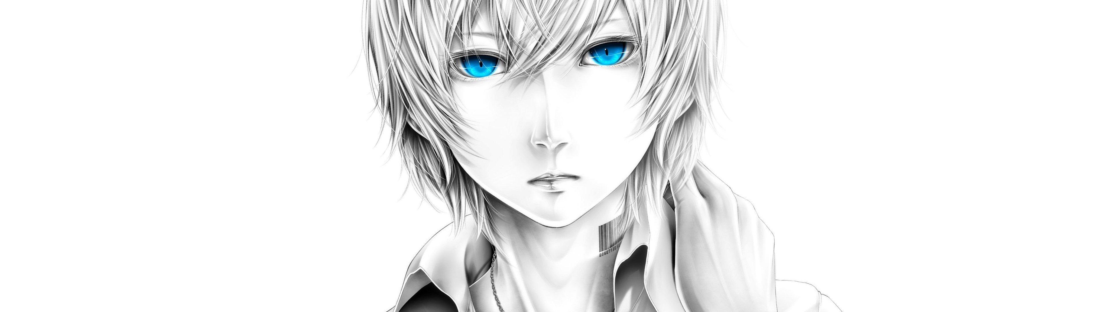 3840x1080 Male Blue Eyes White Background Anime Wallpaper Desktop Background
