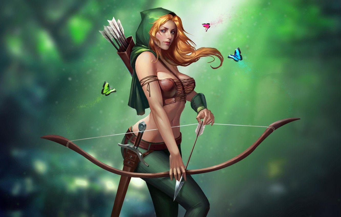 1332x850 Wallpaper Girl, Chest, Look, Blonde, Green, Girl, Butterfly, Sword, Bow, Hood, Art, Art, Breast, Green, Beauty, Arrows image for desktop, section фантастика