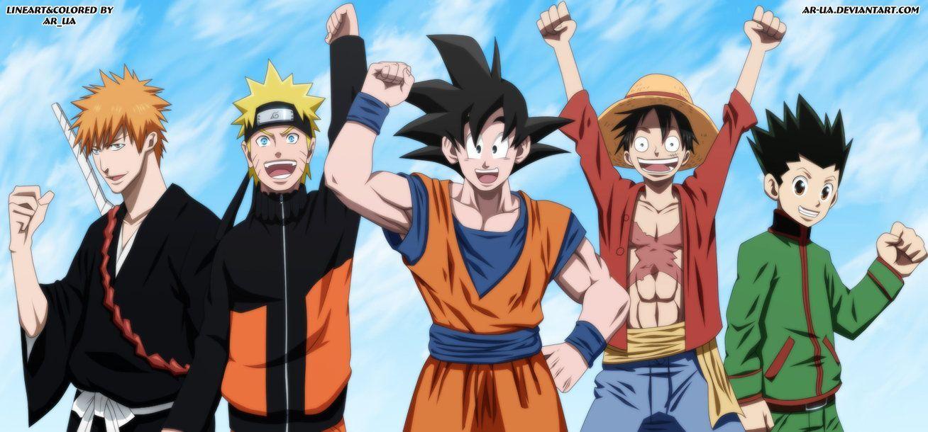 1308x610 Lineart and Colored: ME Original: At the left on the right Ichigo(BLEACH), Uzumaki Naruto(NARUTO), Son Gok. Anime crossover, Anime, Bleach anime ichigo