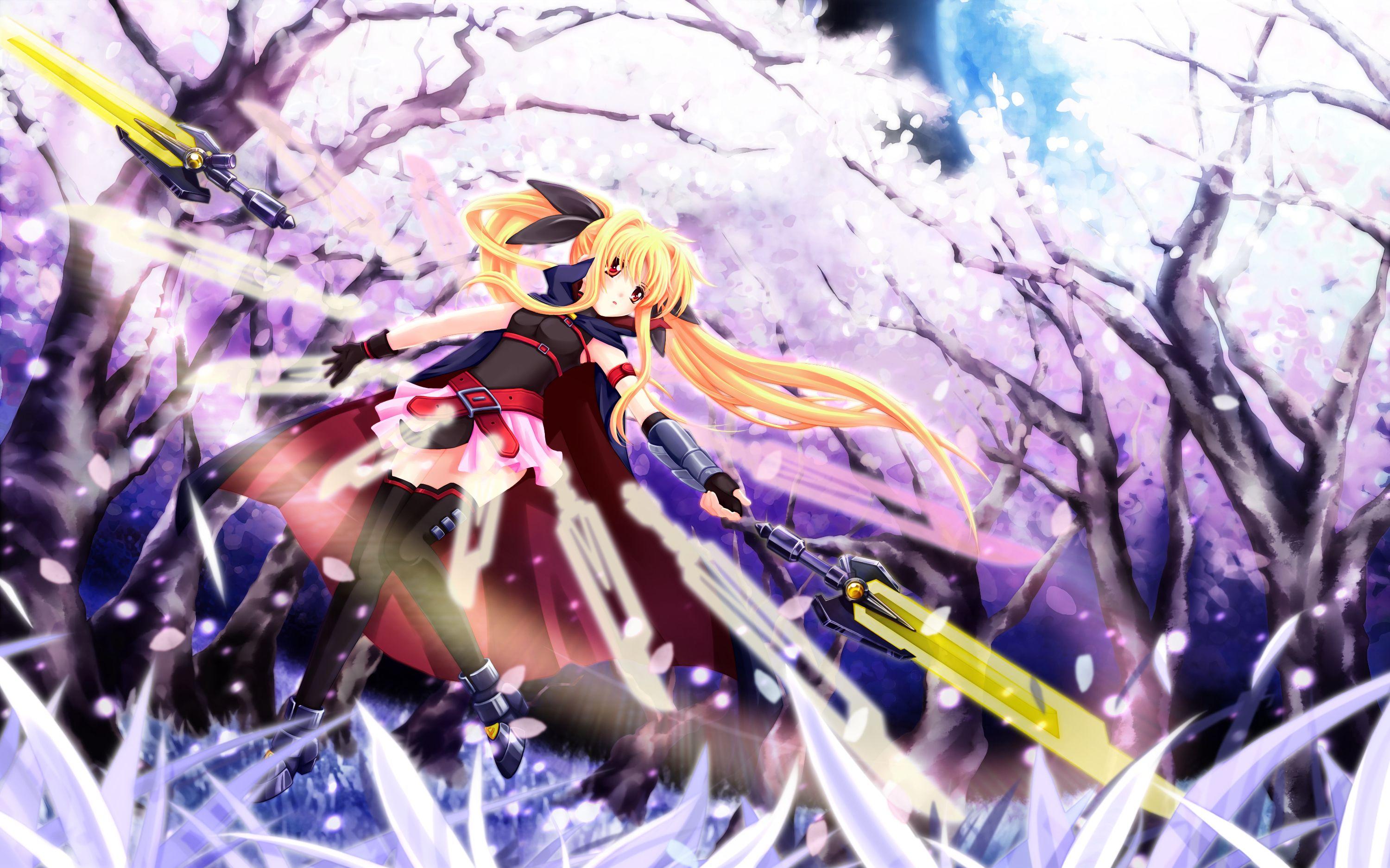 3000x1875 blonde hair fate testarossa mahou shoujo lyrical nanoha sword thighhighs twintails weapon. konachan.com.com Anime Wallpaper
