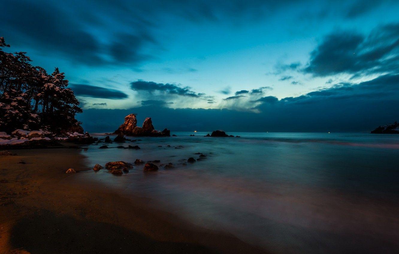 1332x850 Wallpaper sea, night, rocks, Asia, Korea, Seoul Landscape image for desktop, section пейзажи