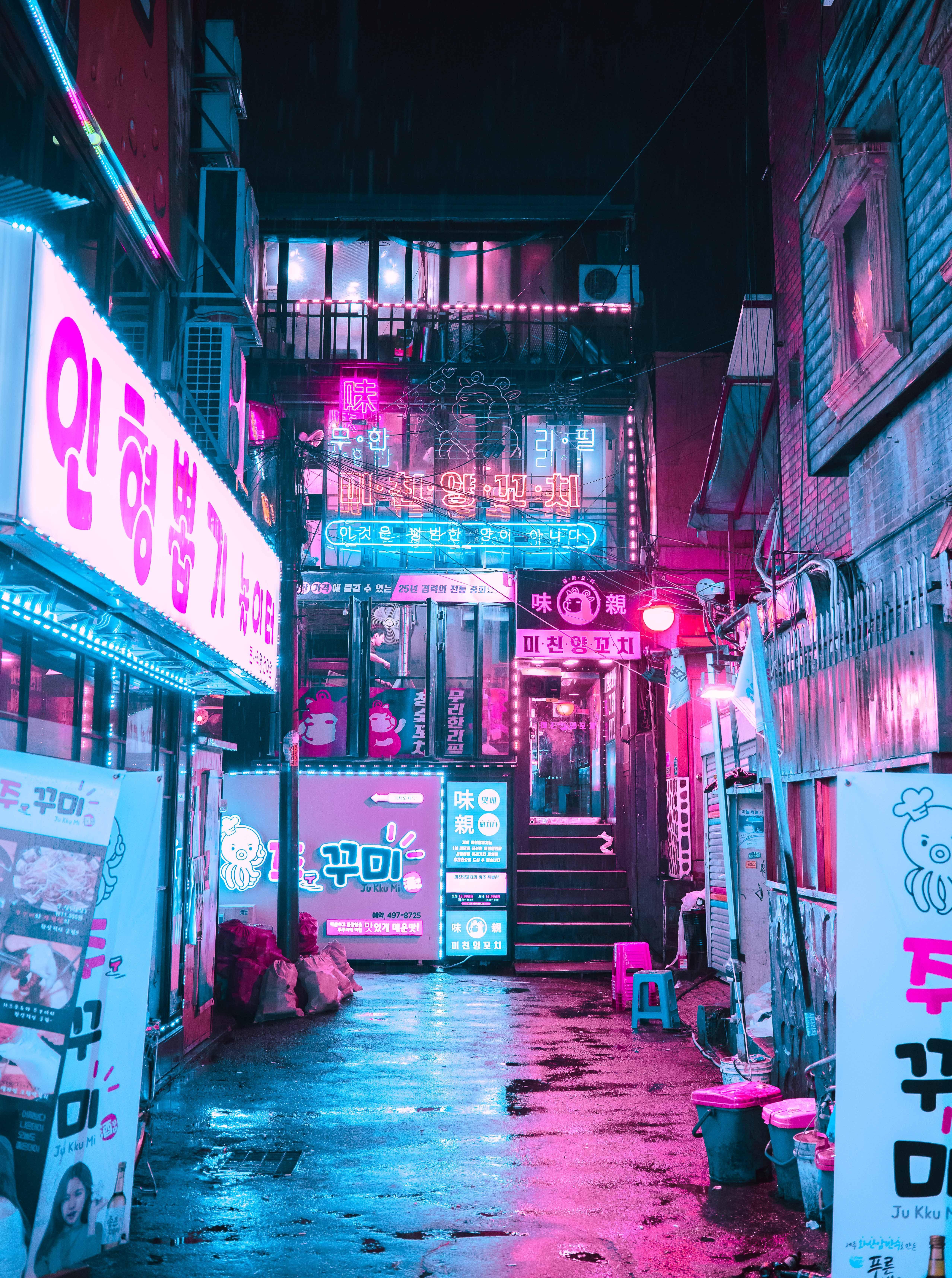 5112x6861 A neon alley in Seoul, #neon #cyberpunk #seoul #pink #blue #korea #asia #anime. Fotografi jalanan, Fotografi kota, Wisata jepang