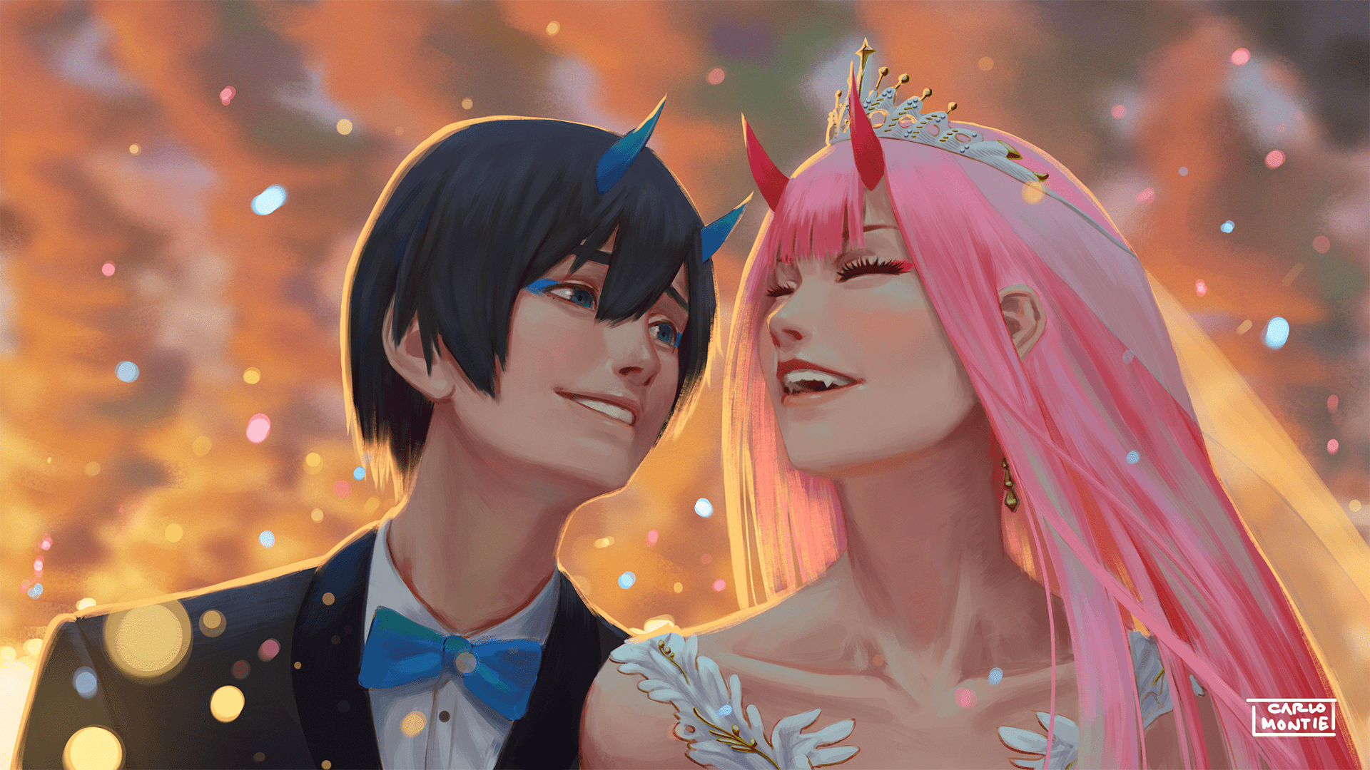 1920x1080 Anime Black Hair Boy Darling In The Franxx Girl Green Eyes Hiro Darling In The Franxx Horns Pink Hai Wallpaper:1920x1080