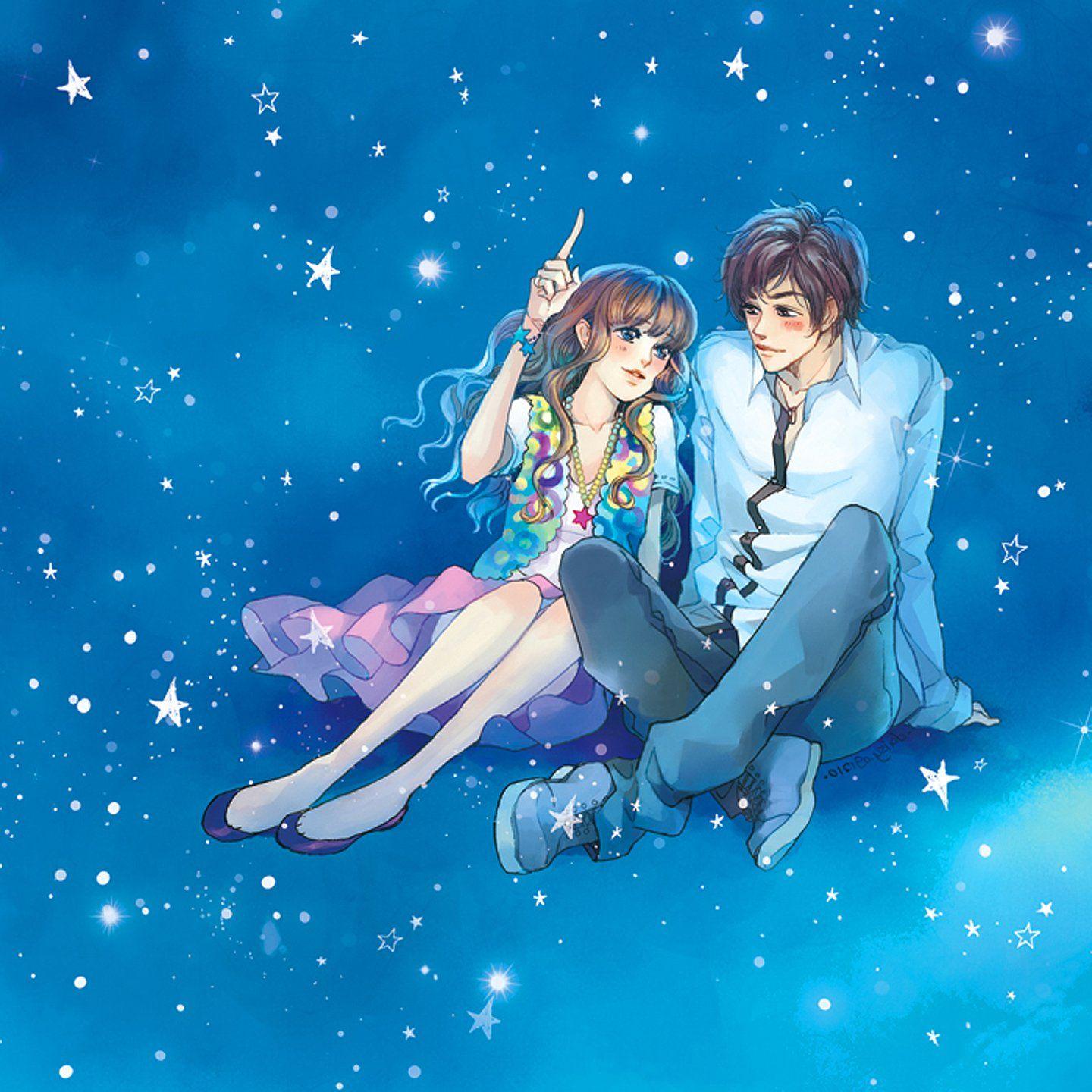 1440x1440 sky, Love, Blue, Romantic, Couple, Blue, Eyes, Girl, Boy, Anime, Stars Wallpaper HD / Desktop and Mobile Background
