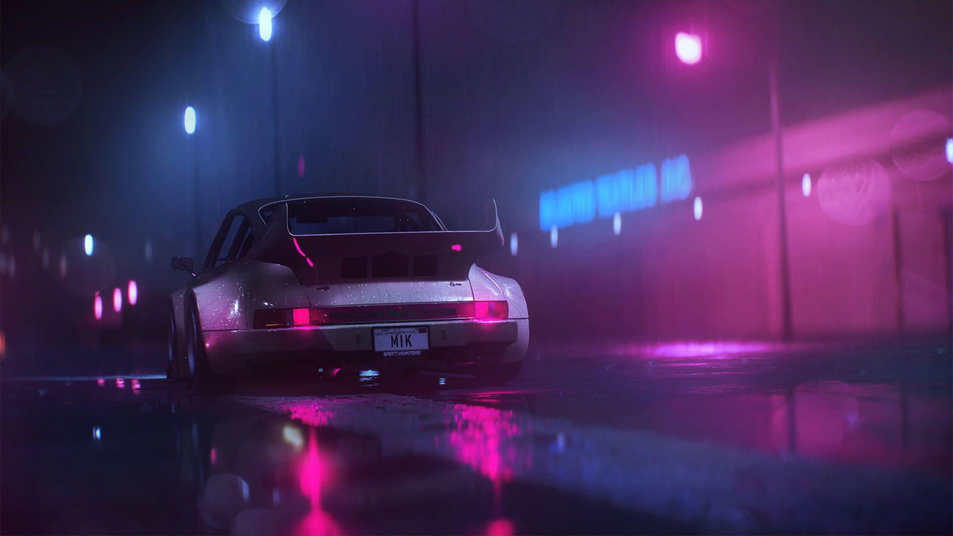 1920x1080 Wallpaper gray sports car, digital art, neon, Porsche, synthwave, retrowave • Wallpaper For You HD Wallpaper For Desktop & Mobile