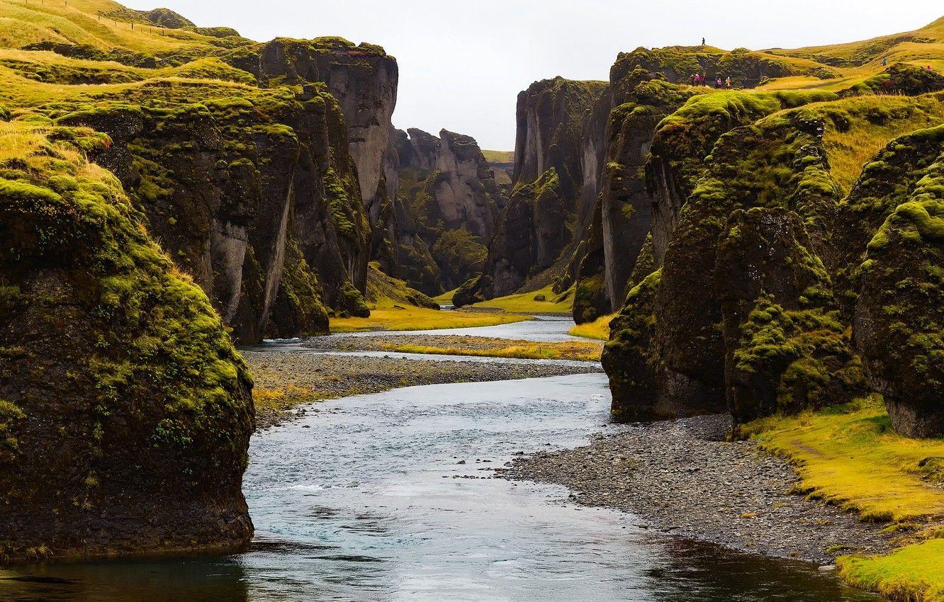 1332x850 Wallpaper greens, stones, rocks, moss, canyon, river, Iceland, Fjadrargljufur image for desktop, section пейзажи