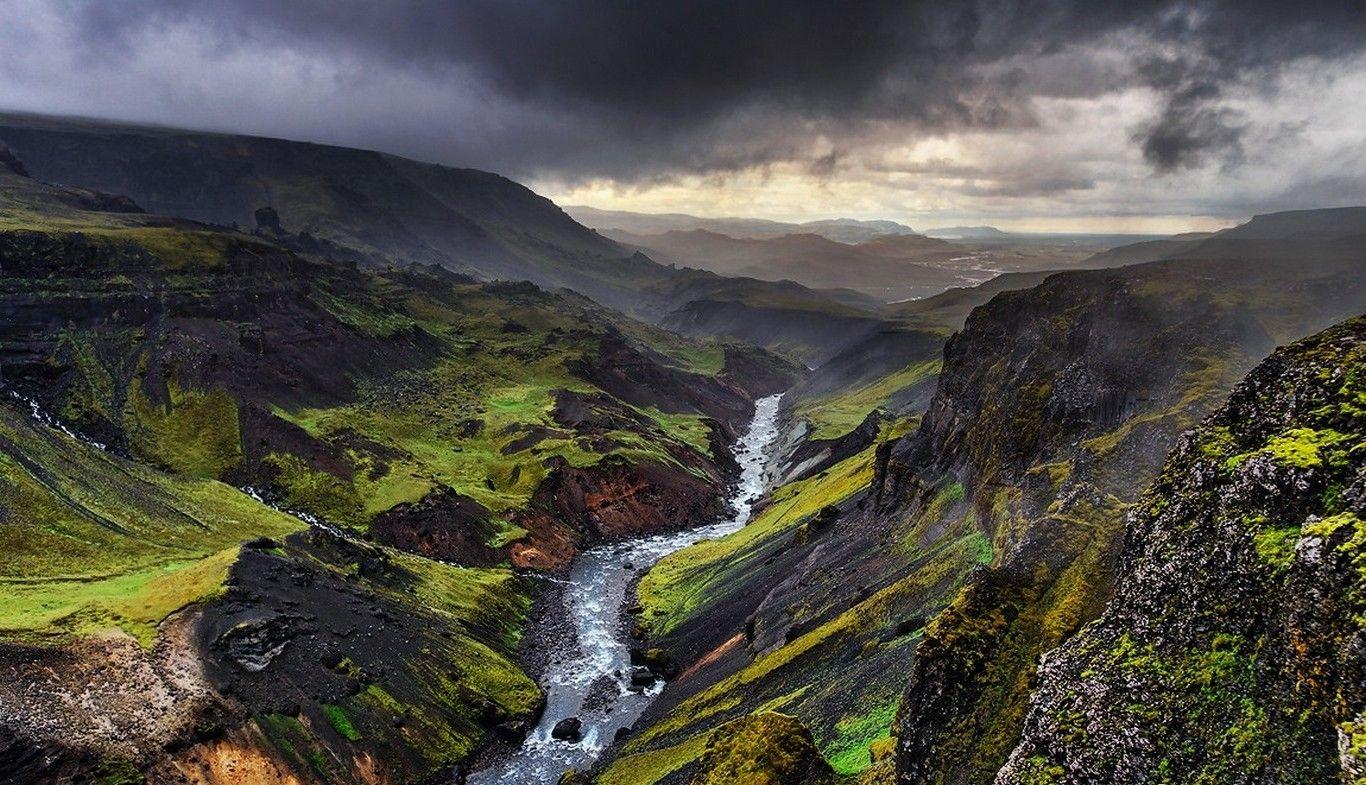 1366x785 landscape, Nature, Storm, Iceland, River, Mountain, Canyon, Clouds, Grass, Green, Erosion, Cold Wallpaper HD / Desktop and Mobile Background