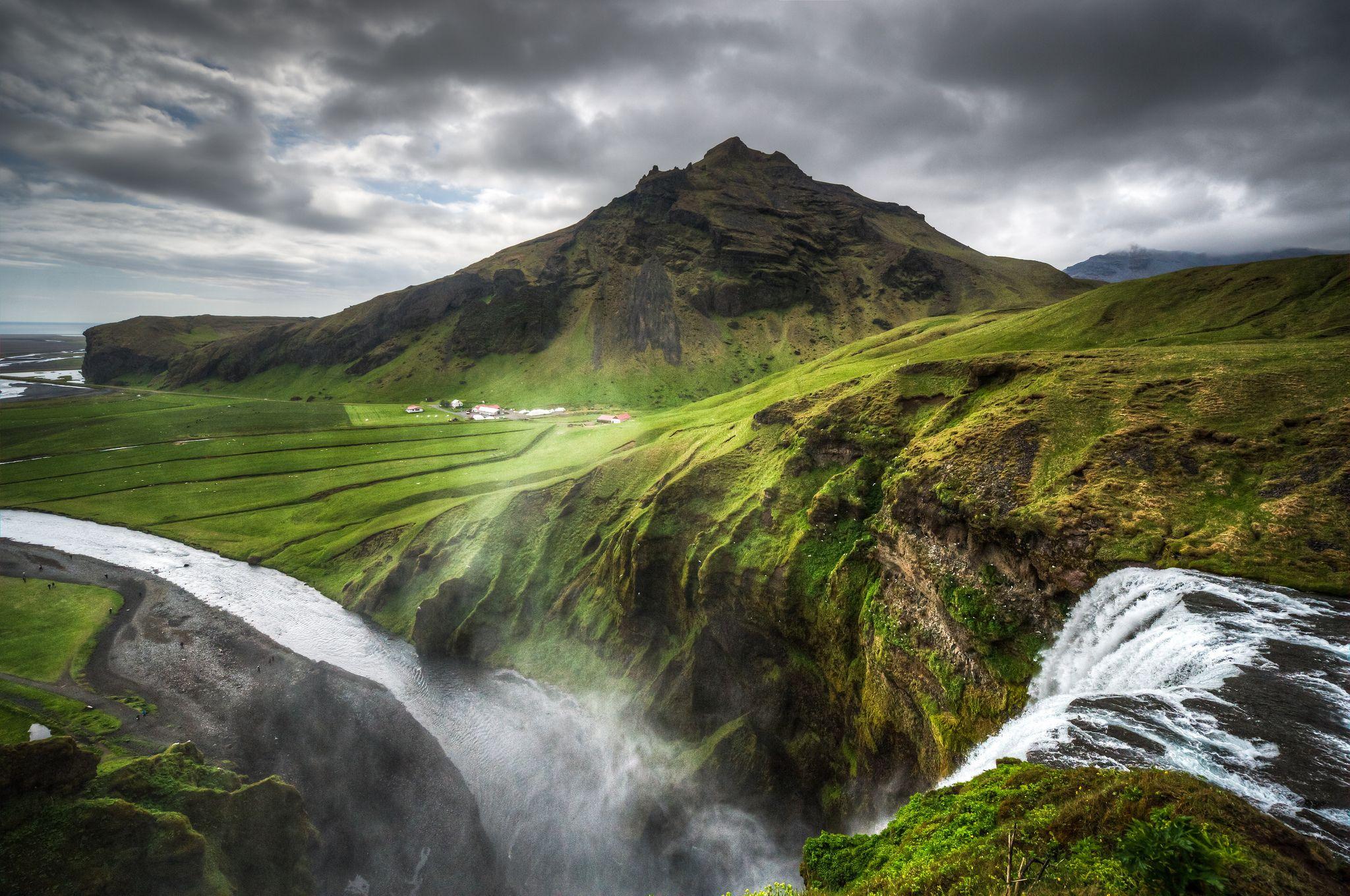2048x1360 Iceland nature landscapes hills mountains waterfalls grass rocks water rivers fog mist haze spray canyon sky clouds hdr scenic view drops plants wallpaperx1360