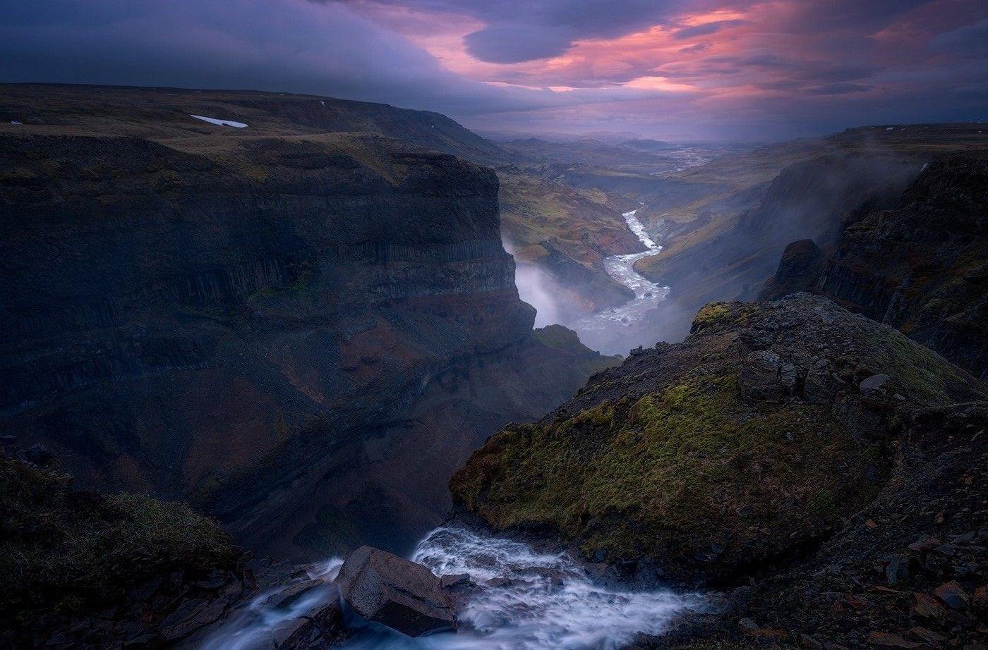 1400x922 summer, Calm, Iceland, Canyon, River, Sunset, Sky, Mist, Clouds, Hill, Valley, Nature, Landscape Wallpaper HD / Desktop and Mobile Background