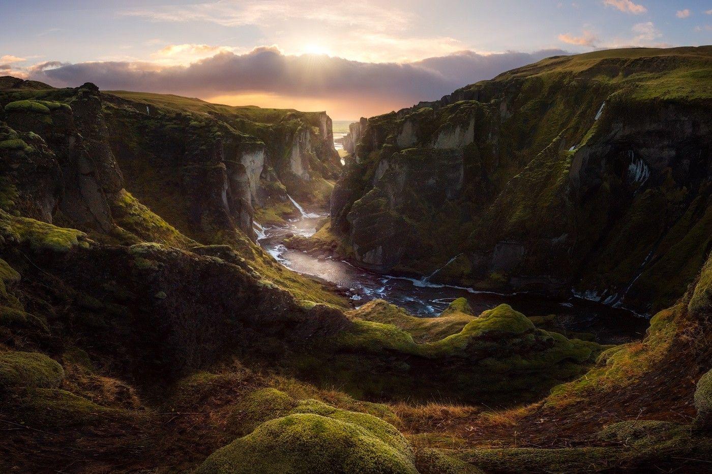 1400x933 #sunset, #landscape, #clouds, #river, #nature, #Iceland, #canyon, wallpaper