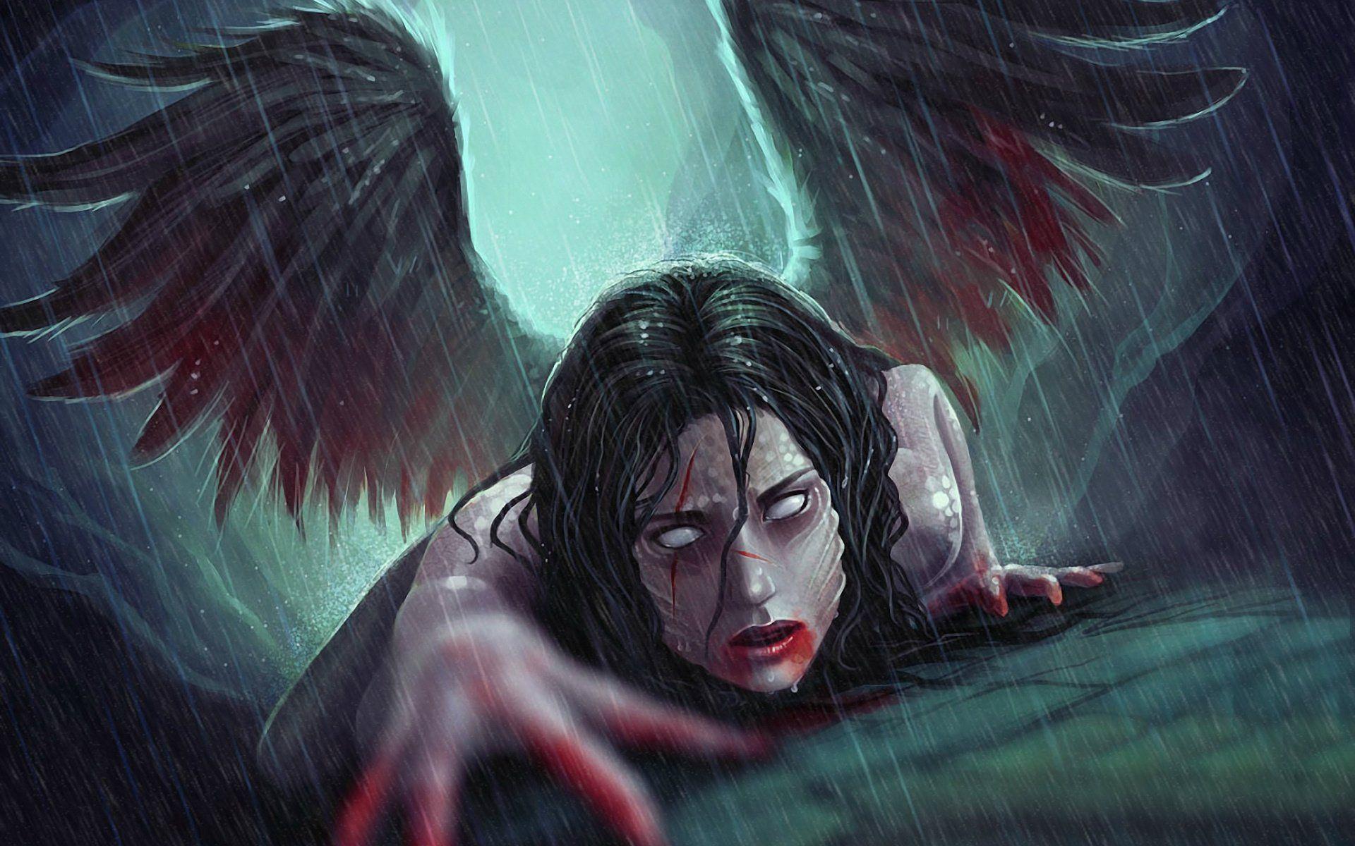 1920x1200 Terrible Fantasy Angel Blood Wings Rain Dark White With White Eyes HD Wallpaper