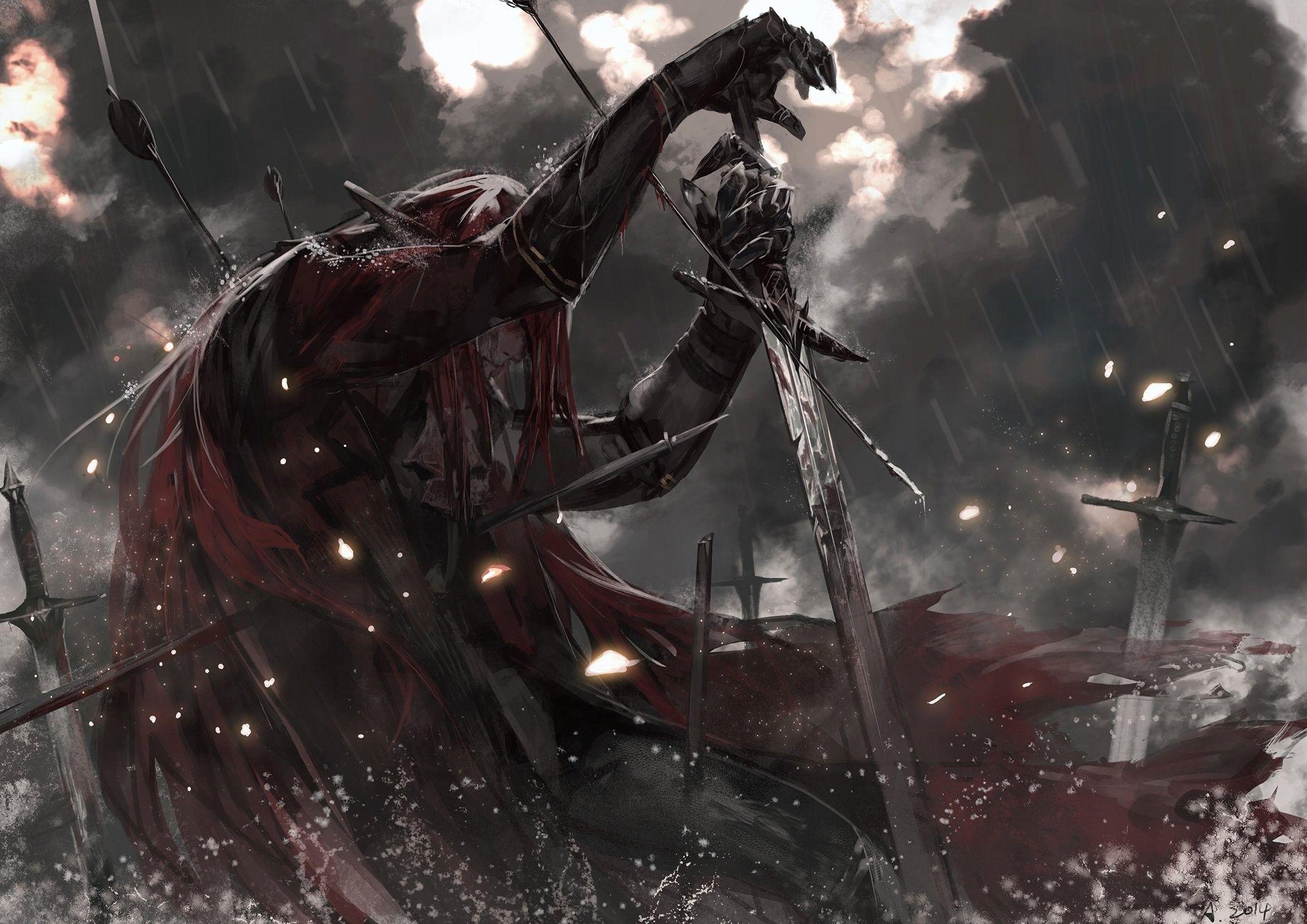 2093x1480 #rain, #redhead, #sword, #warrior, #cape, #fantasy art, #smoke, # blood, #arrows, #alcd, #leather armor, #dark, #Pixiv Fantasia, wallpaper