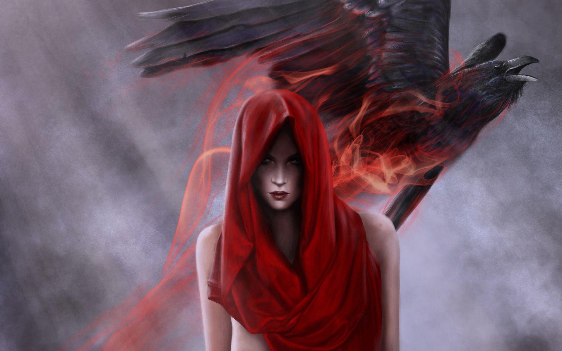 1920x1200 women, rain, birds, energy, artwork, crows, Red Hood, witches, hood wallpaper