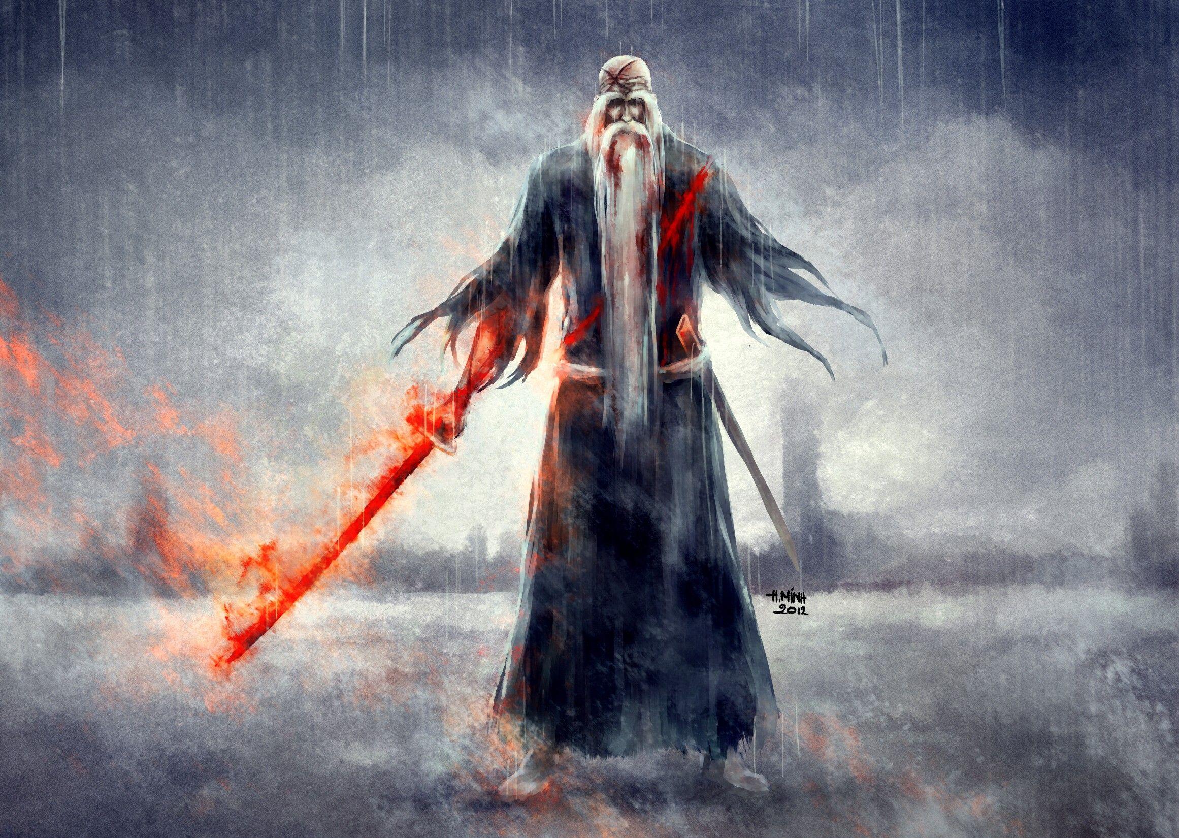2322x1650 rain, blood, Bleach, beard, artwork, swords, Yamamoto Genryusai Shigekuni, NanFe wallpaper