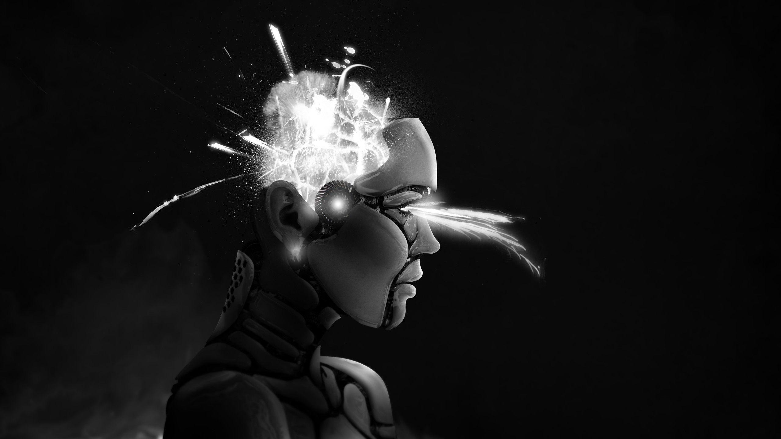 2560x1440 people, Head, Profile, Face, Digital Art, Minimalism, Simple, Simple Background, Black Background, Artwork, Light Painting, Neon, Monochrome, Muscles, Robot Wallpaper HD / Desktop and Mobile Background