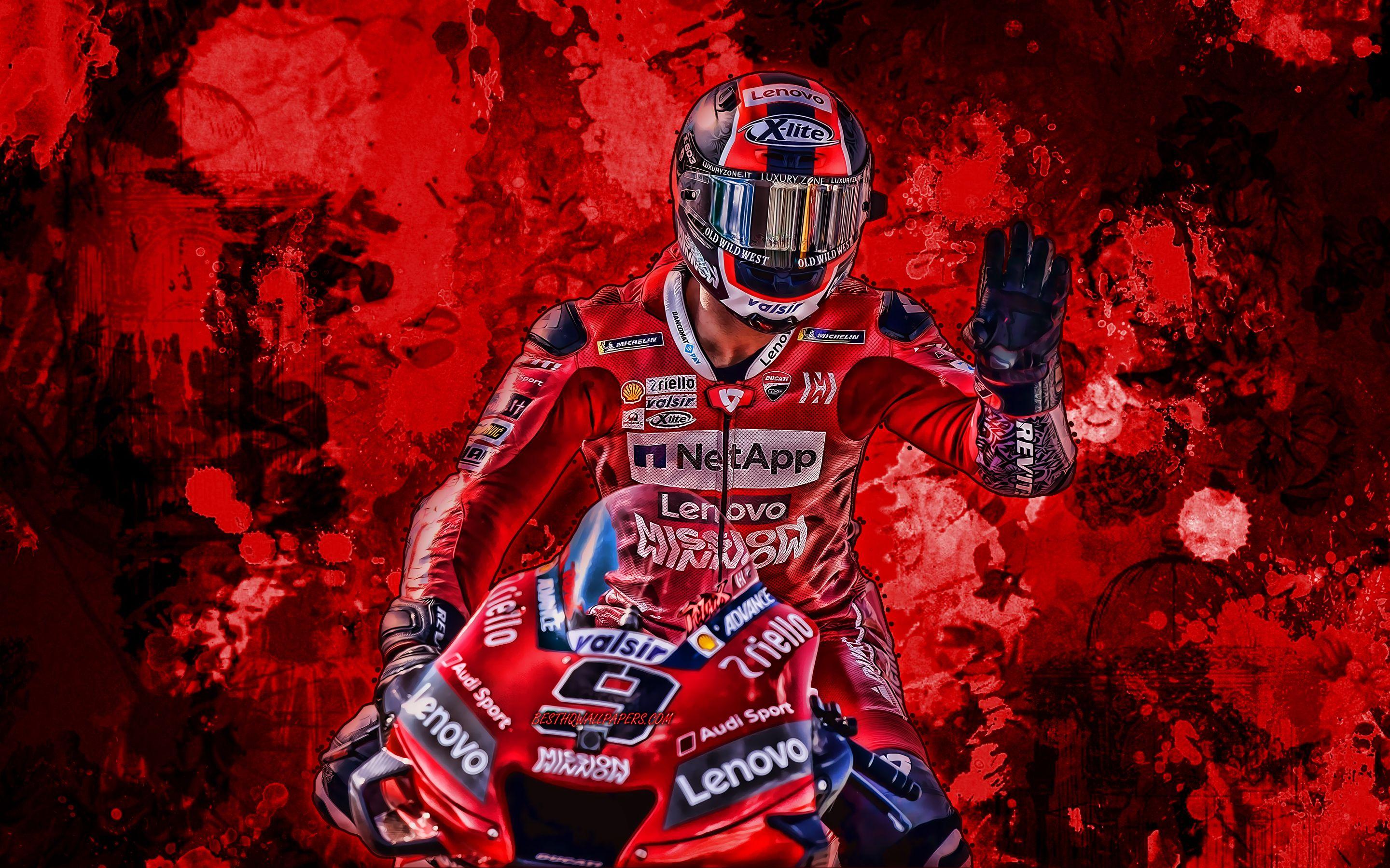2880x1800 Download wallpaper Danilo Petrucci, red paint splashes, MotoGP, 2019 bikes, Ducati Desmosedici GP grunge art, Mission Winnow Ducati Team, Ducati for desktop with resolution 2880x1800. High Quality HD picture wallpaper