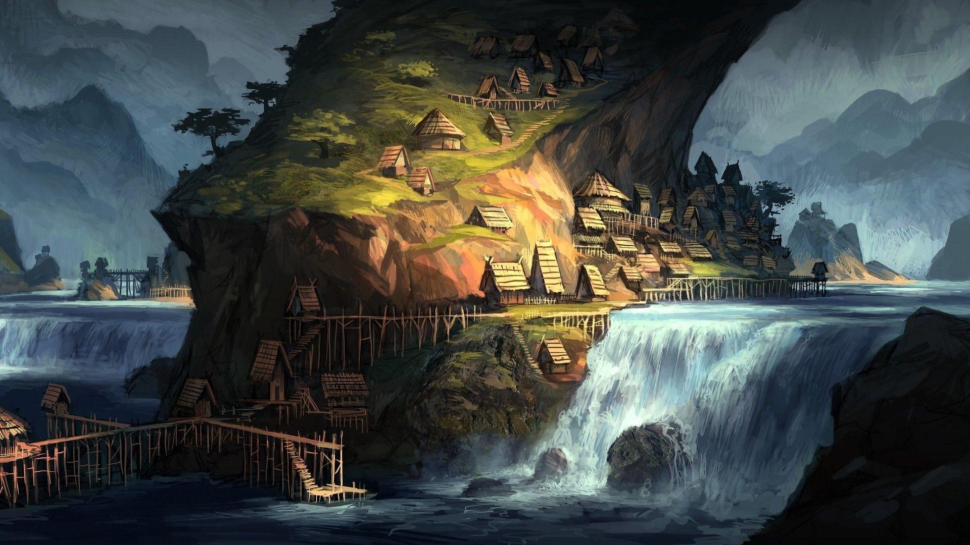 1920x1080 artwork, Fantasy Art, Village, Villages, House, Waterfall, River. Fantasy art landscapes, Digital art fantasy, Fantasy village