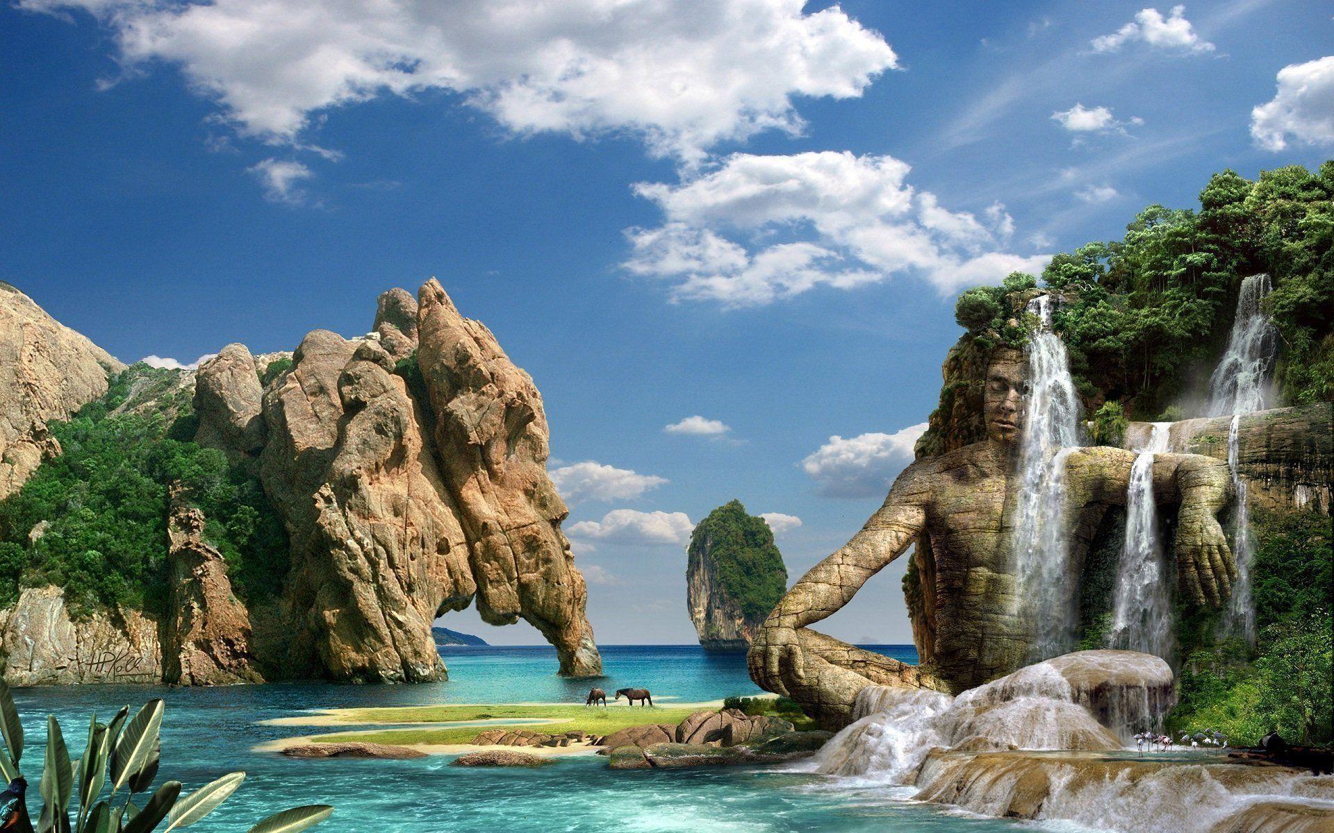 1920x1200 Natural Art Work Coast Rock Hill And Waterfall Wallpaper
