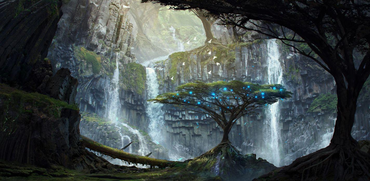 1425x700 Art skaly derevia vodopady grot ogni fantasy forest sunlight tree waterfall wallpaperx1633