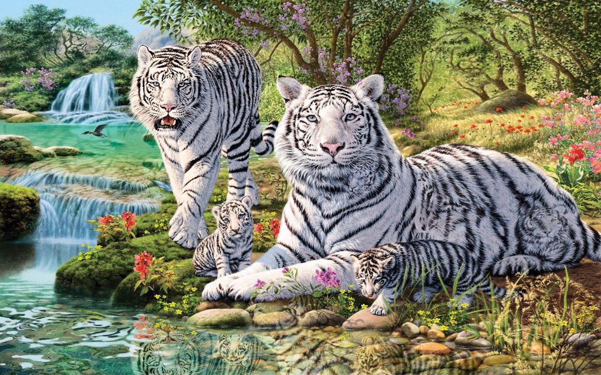 1920x1200 Animals White Tiger And Two Cubs Jungle Waterfall Art Desktop HD Wallpaper For Mobile Phones 1920x1200 :