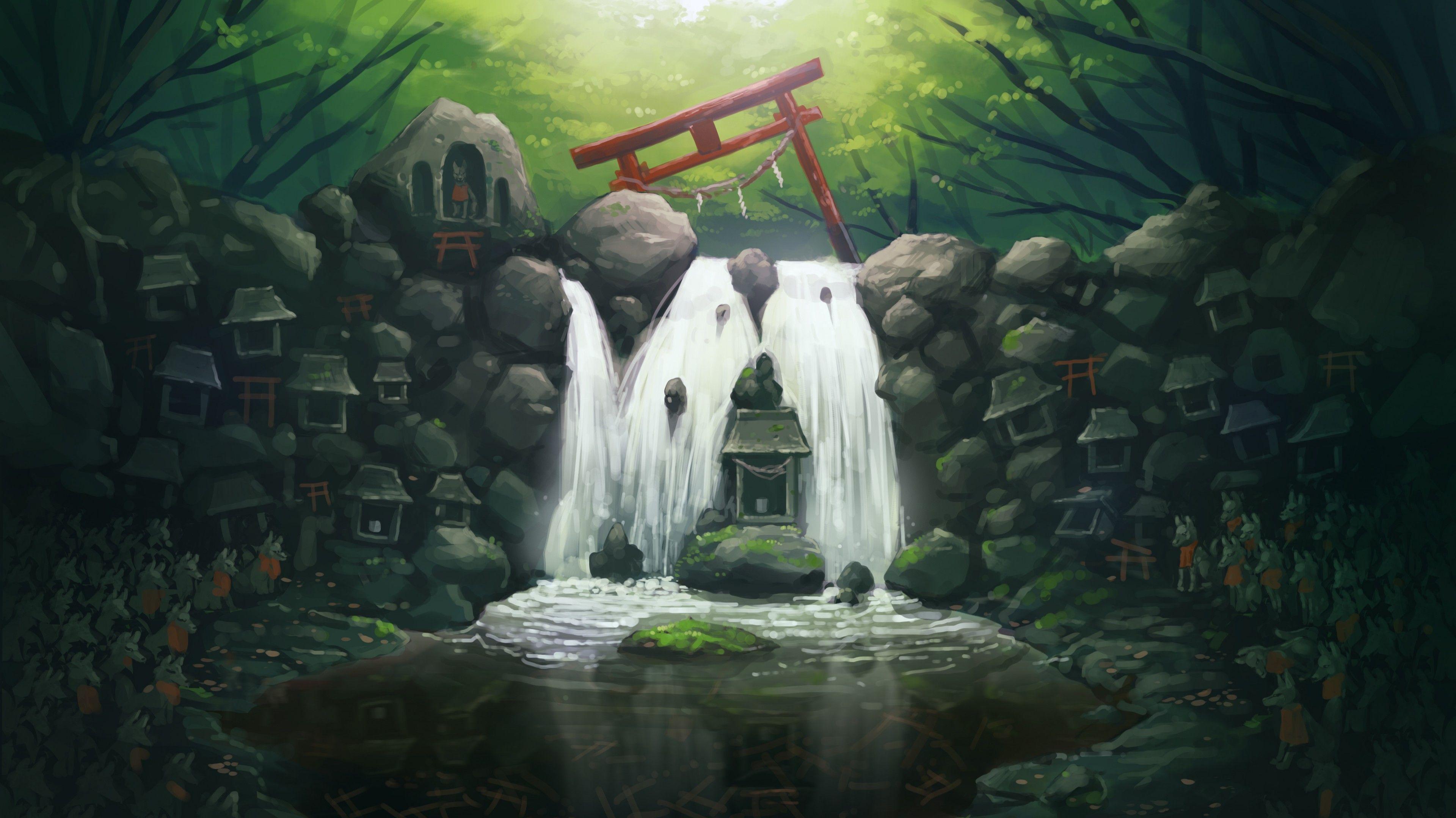 3840x2160 Wallpaper Waterfall, river, oriental, 4K, Art