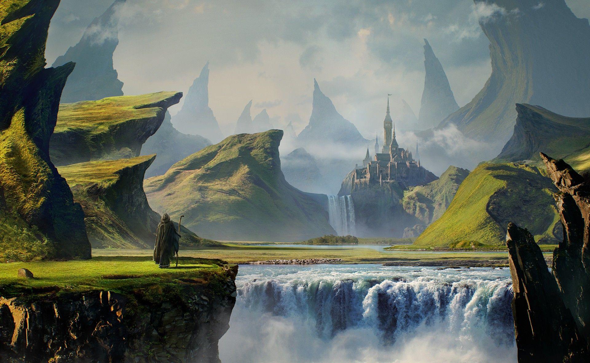 1920x1182 clouds, rock, castle, nature, waterfall, mountain, digital art, fantasy art wallpaper