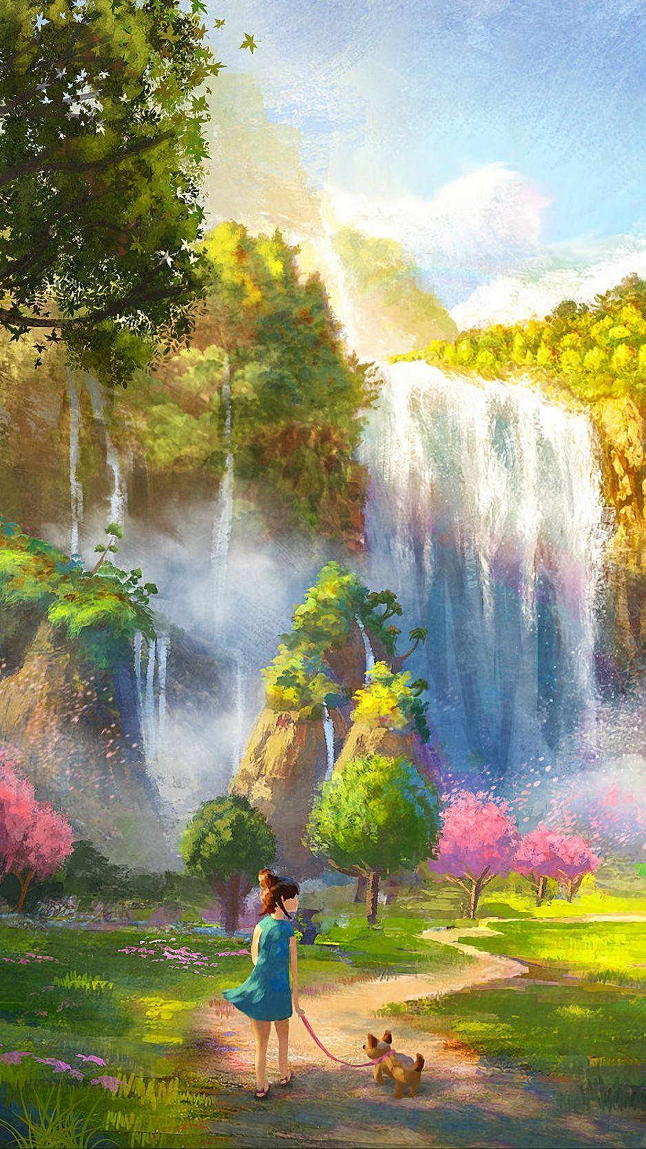 938x1668 Download Wallpaper 938x1668 Girl, Dog, Waterfall, Landscape, Art Iphone 8 7 6s 6 For Parallax HD Background
