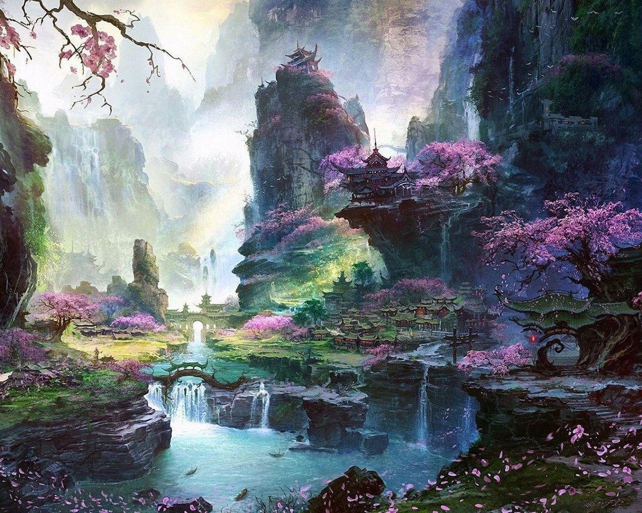 1280x1024 Cherry blossoms tree near waterfall wallpaper, woodland stream illustration • Wallpaper For You HD Wallpaper For Desktop & Mobile