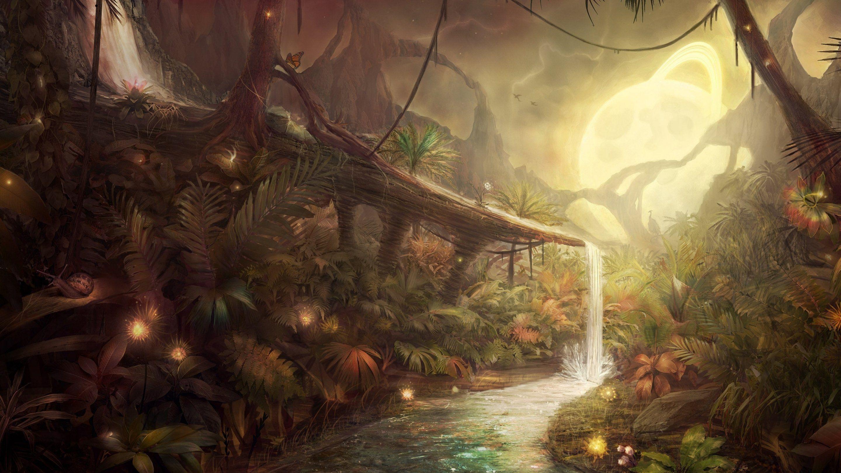 2880x1620 artwork, Fantasy, Magical, Art, Forest, Tree, Landscape, Nature, Waterfall Wallpaper HD / Desktop and Mobile Background