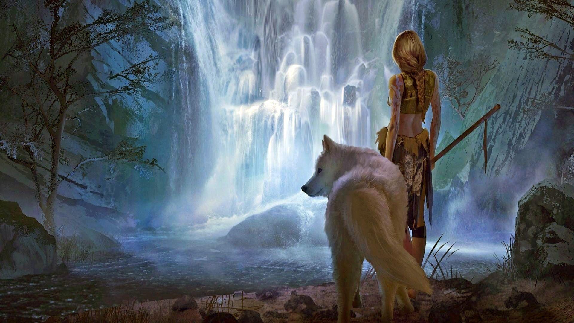 1920x1080 Wallpaper Fantasy girl and wolf, waterfall, art picture 1920x1080 Full HD 2K Picture, Image