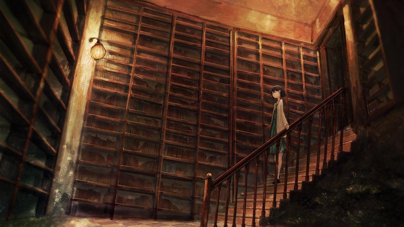 1366x768 Download 1366x768 Library, Anime Girl, Books, Stairs Wallpaper for Laptop, Notebook
