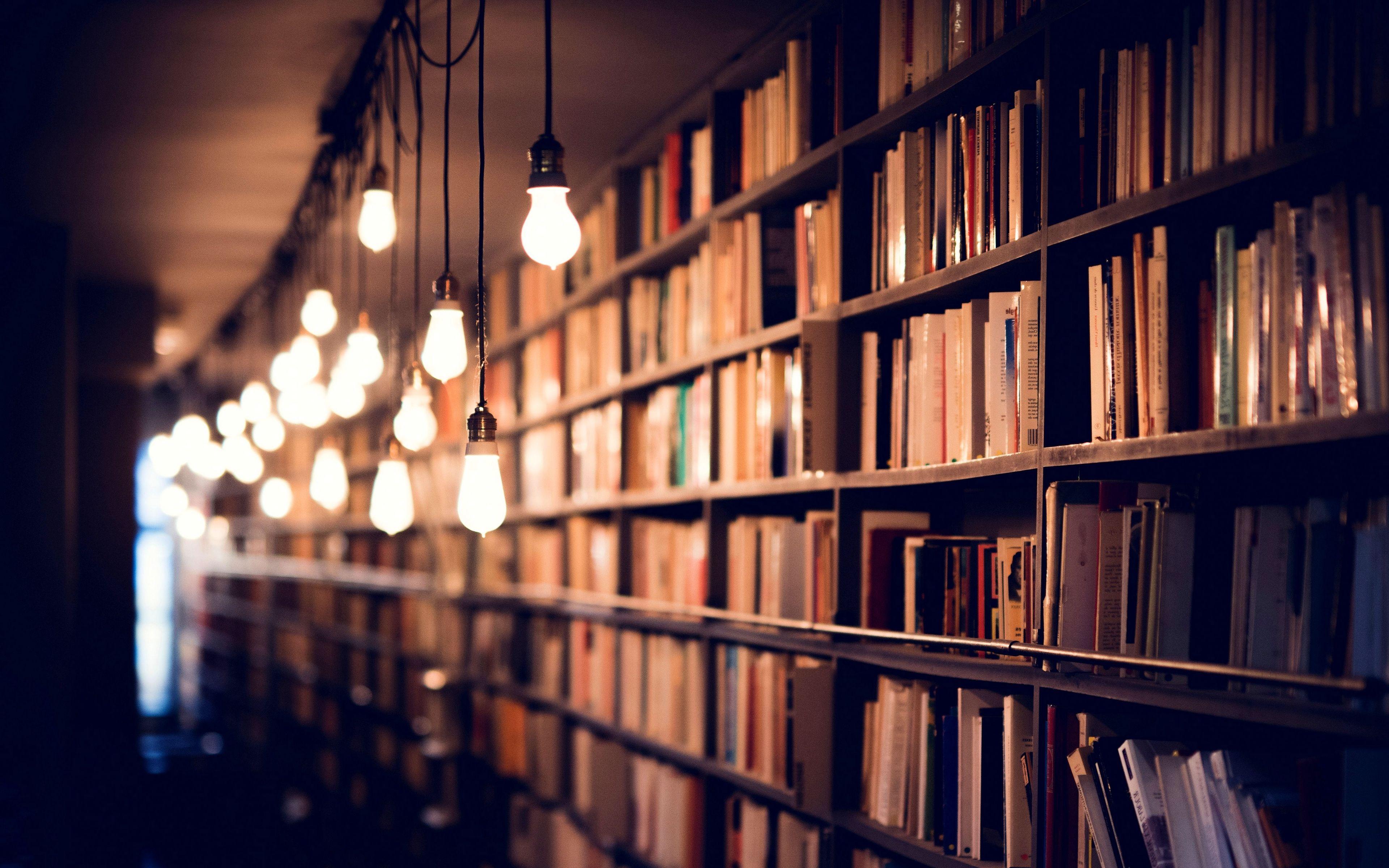 3840x2400 Wallpaper Books, Library, Shelves, Lighting Background Wallpaper HD