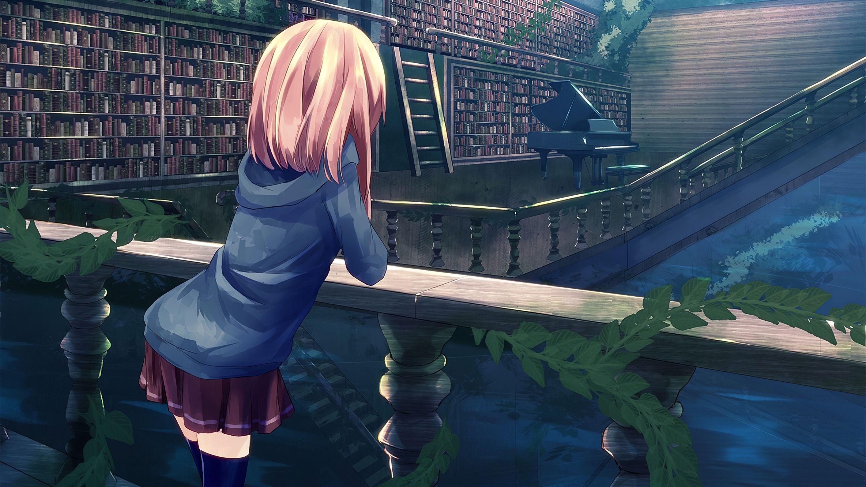 2828x1591 Anime Girl Library Laptop Full HD 1080P HD 4k Wallpaper, Image, Background, Photo and Picture