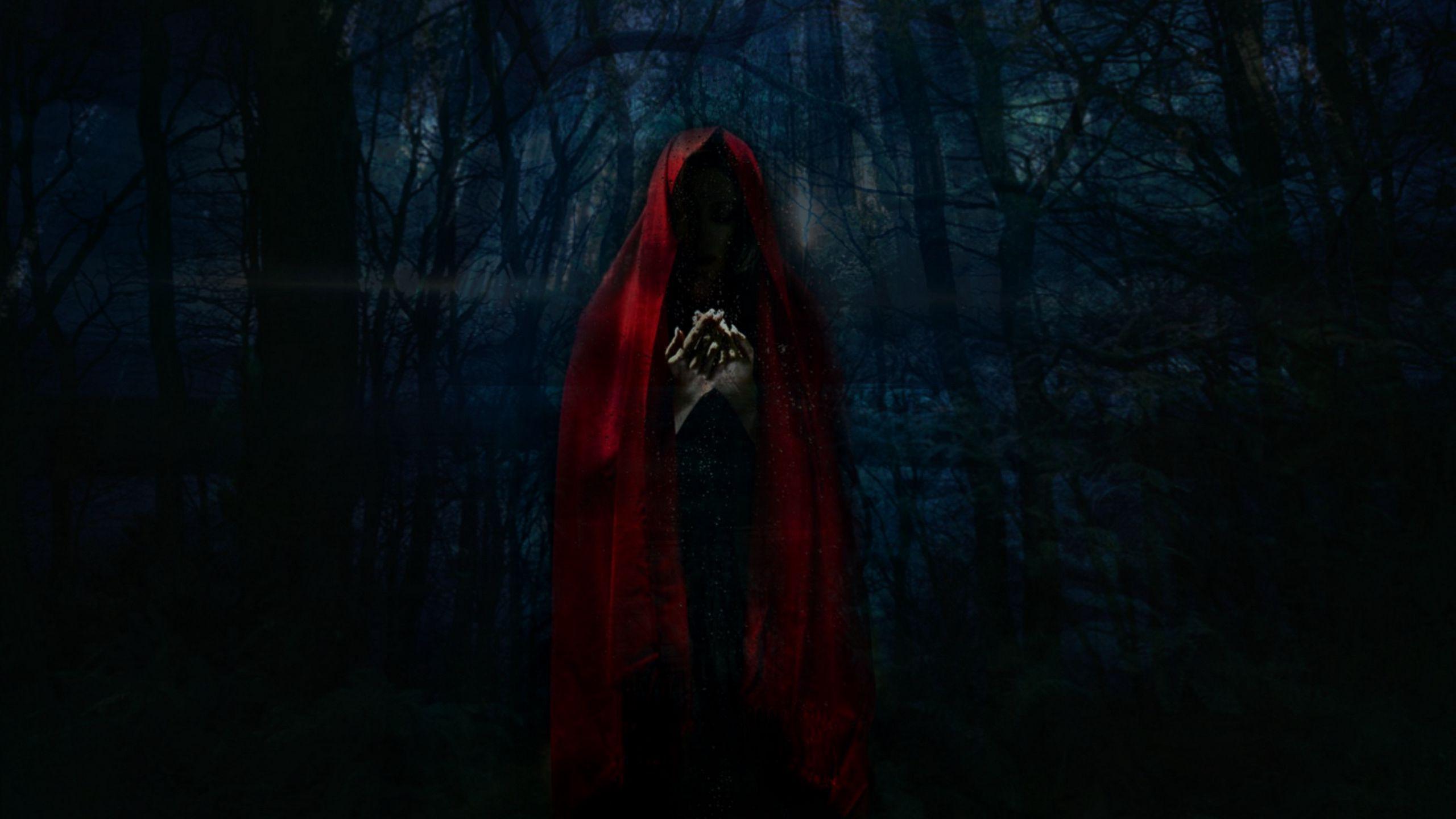 2560x1440 Download wallpaper 2560x1440 woman, mantle, creepy, gloomy, forest widescreen 16:9 HD background