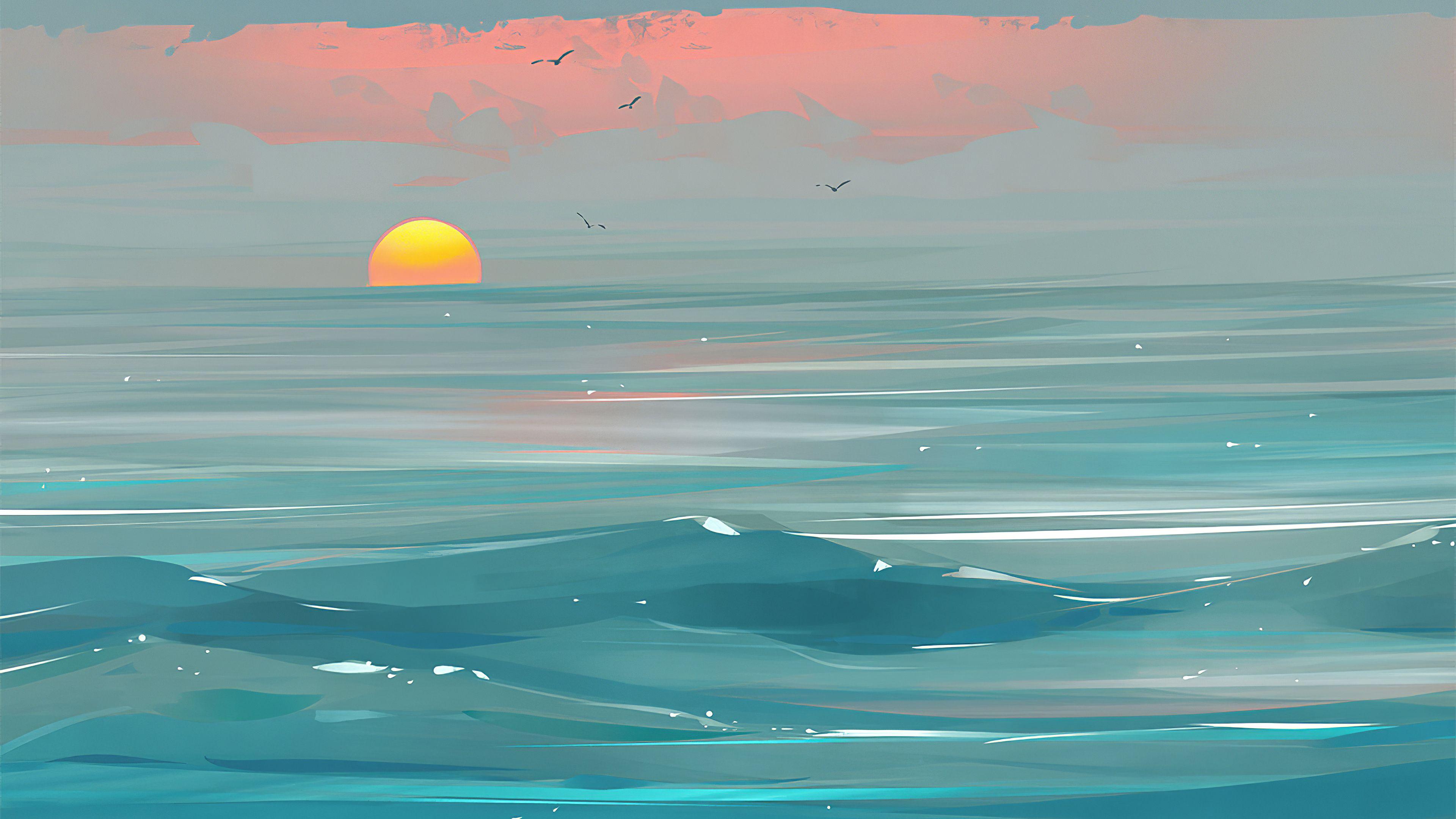 3840x2160 Morning at the beach Minimal Art Wallpaper 4k Ultra HD