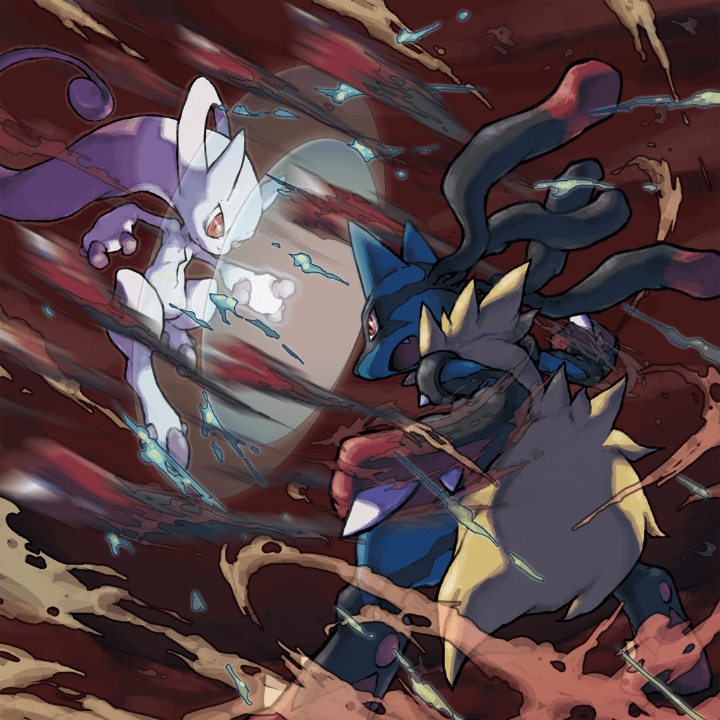 1024x1024 Mega Lucario Vs Mega Mewtwo HD Wallpaper