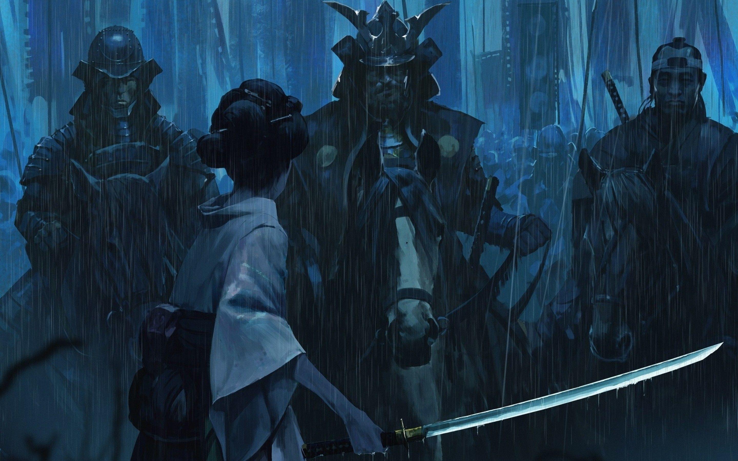 2880x1800 Download 2880x1800 Japanese Woman, Raining, Katana, Kimono, Samurai Army, Running, Dark Wallpaper for MacBook Pro 15 inch