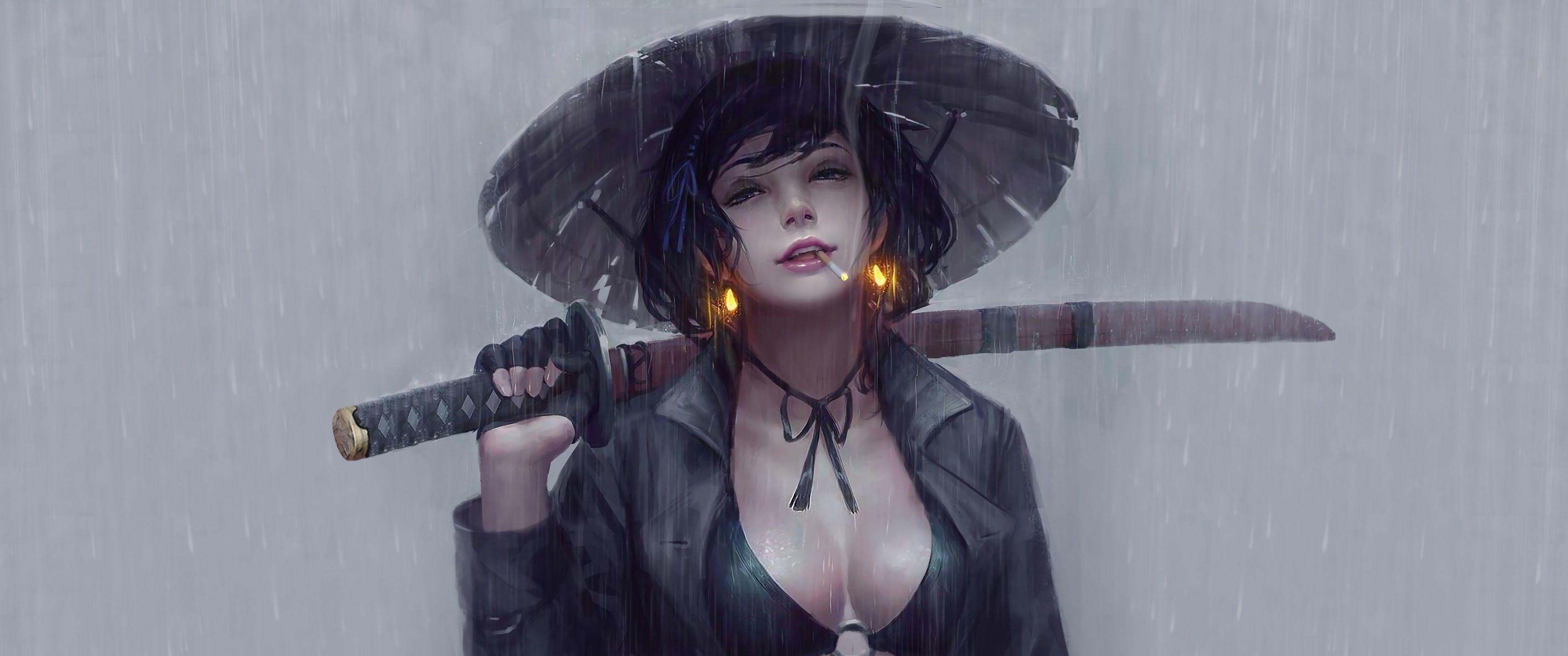 3440x1440 Samurai Girl Katana Smoking 4K Wallpaper